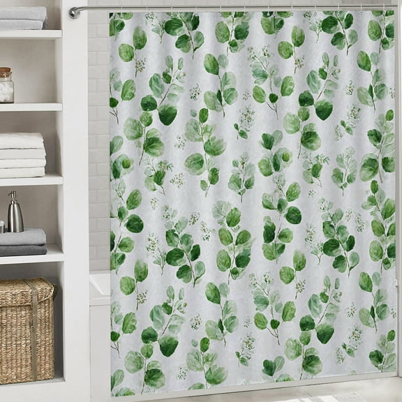RKSupls Christmas Shower Curtain, Green Botanical Watercolor Shower Curtain with Hooks for Christmas Home Bathroom Decor Washable Curtains, 72x72 in
