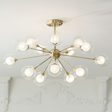 Possini Euro Design Modern Ceiling Light Semi Flush Mount Fixture Sputnik Brass 30 1/2" Wide 15-Light Double Glass Ball Hallway