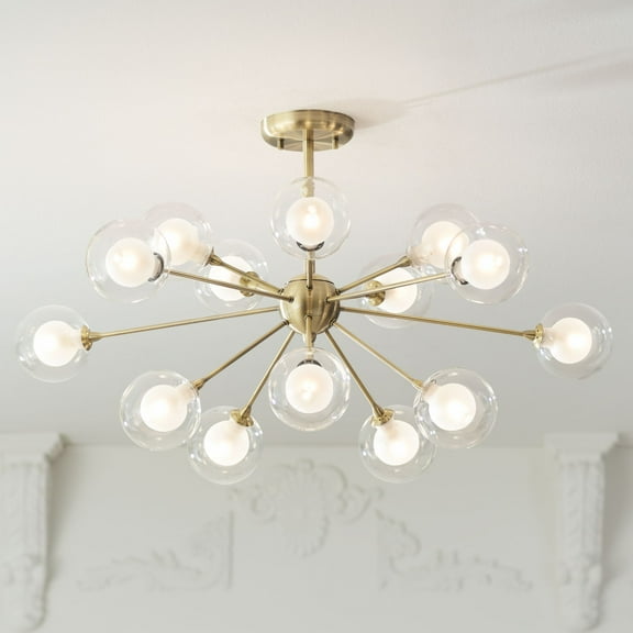 Possini Euro Design Modern Ceiling Light Semi Flush Mount Fixture Sputnik Brass 30 1/2" Wide 15-Light Double Glass Ball Hallway
