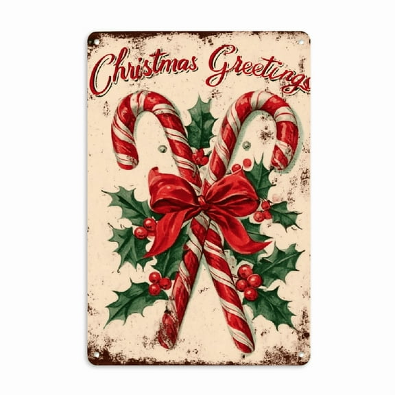 2D Flat, Vintage Christmas Metal Wall Art Sign 8*12inch Candy Cane Holly Berries Decor with Red Ribbon Bow, Rustic Iron Holiday Plaque for Home, Garden, Cafe, No Electricity Needed, Unique Christmas