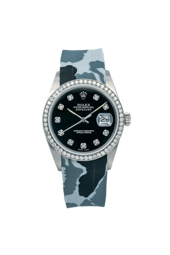 Pre-Owned Rolex Datejust 36MM 16014 Black Diamond Dial Diamond Bezel Gray Camo Rubber Strap
