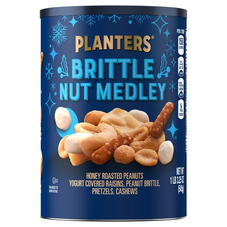 PLANTERS Winter Edition Brittle Nut Medley Trail Mix Snack with Honey Peanuts, Yogurt Raisins, Peanut Brittle, Pretzels and Cashews, Plant Based Protein, 1.20 lb. Canister