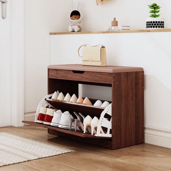 IDEK Modern Shoe Storage Bench Cabinet, Cushioned Seat, Flip-Drawer, Walnut Brown, Holds 8 Pairs