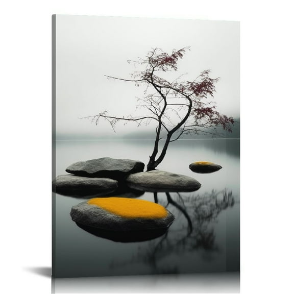 ARISTURING Modern Bathroom Yellow Gray Wall Art Picture Balance Stone Pebble Canvas Print Black and White Tree Zen Artwork Wall Decor for Office Bedroom 16x20 inch