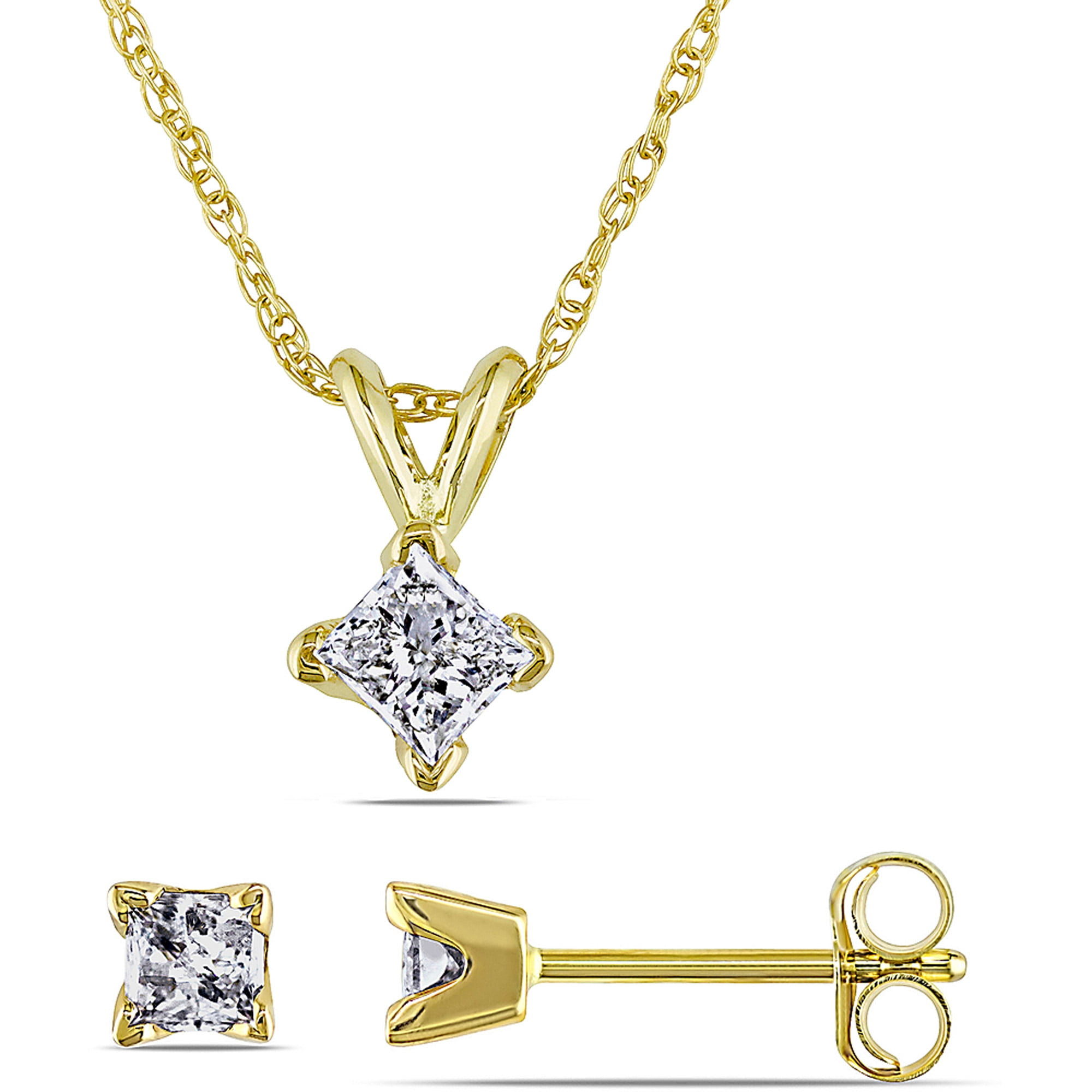 Miabella 5 8 Carat T.W. Princess-Cut Diamond 14kt Yellow Gold Solitary Pendant and Earrings Set, 17" by Miabella