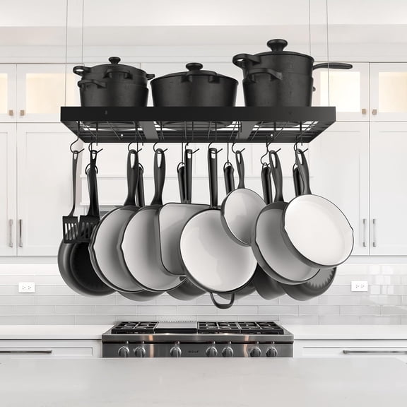 Ceiling Pot Rack 30 Inches, Hanging Pots and Pans Organizer Rack for Ceiling with 15 Hooks, Matt Black Kitchen Pot Hanger Rack