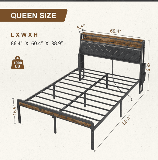 YDSM Queen size Platform Bed Frame with 105-Degree Tilted Upholstered Headboard, Charging Station, LED Lights, Noiseless, Black and Brown