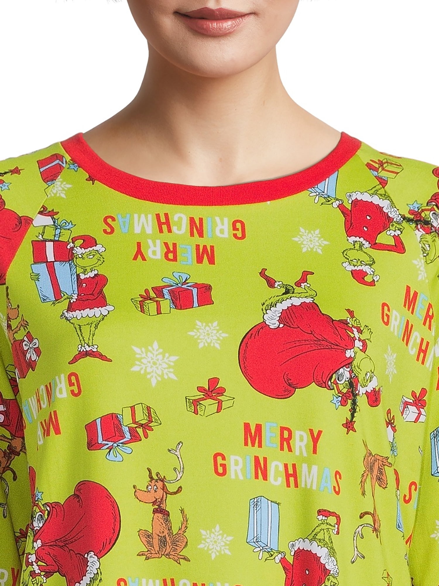 Dr. Seuss Grinch Matching Family Sleepwear Women's & Women's Plus Long Sleeve Top and Pants, 2-Piece Pajama Set