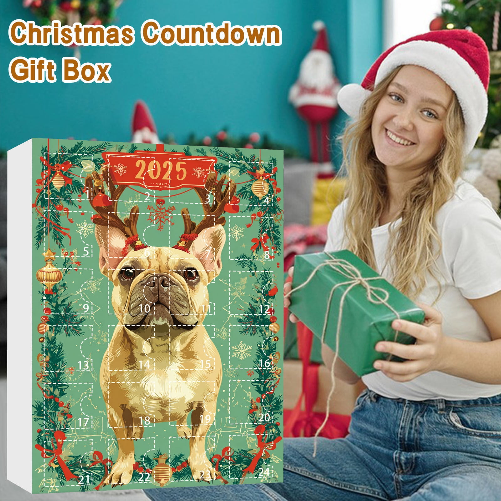 QIPOPIQ Calendrier De L'Avent Bouledogue Français Amusant - 24 Jours De Compte à Rebours Hilarant Et Festif, Calendrier De L'Avent Pour Chien, Décoration De Noël Amusante Pour Les Amoureux Des Chiens