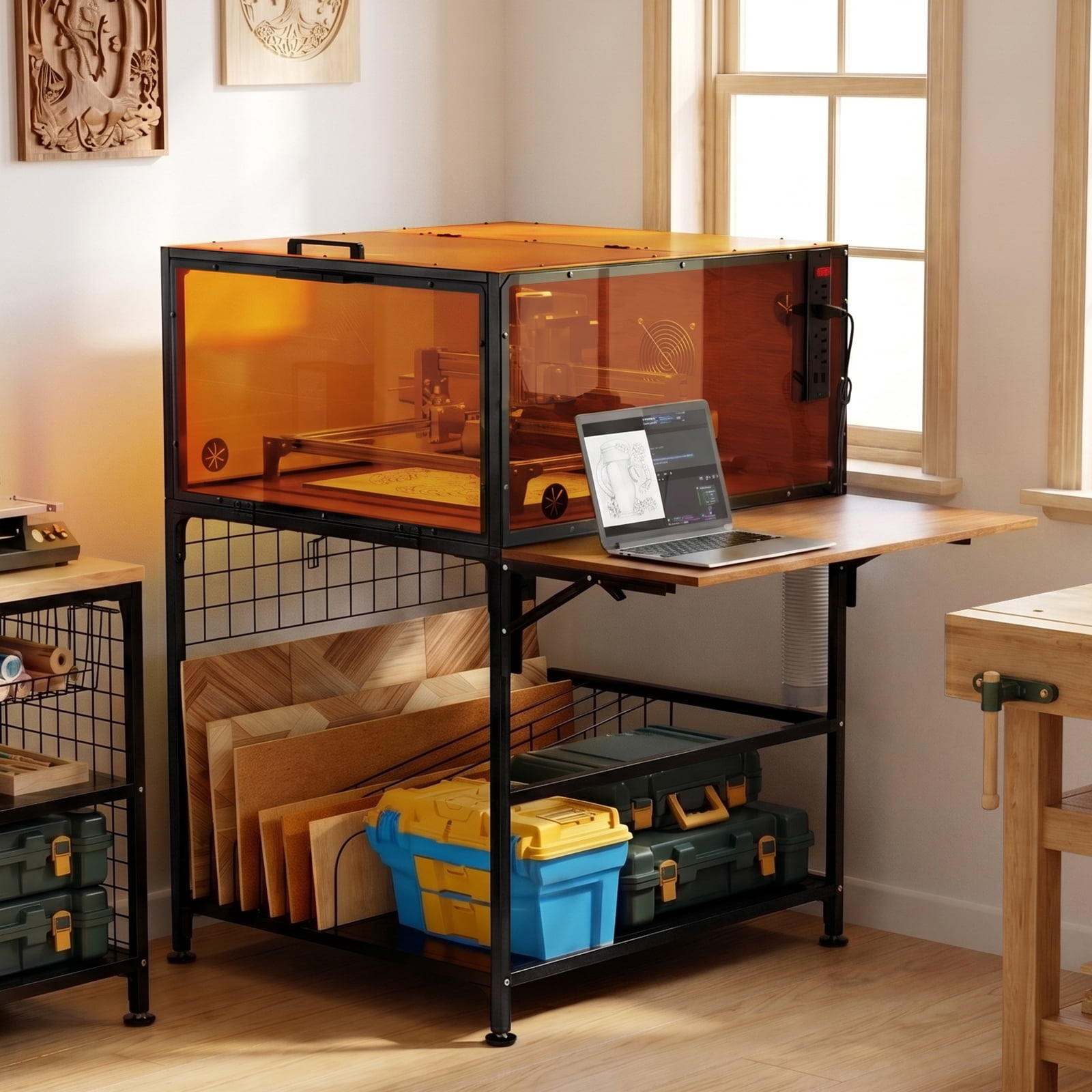 Laser Engraver Enclosure Cabinet with Exhaust Fan 6000RPM for Most Laser Cutter, Storage & Foldable Side Panel, Metal Laser Engraver Cover Tent with Eye Protection