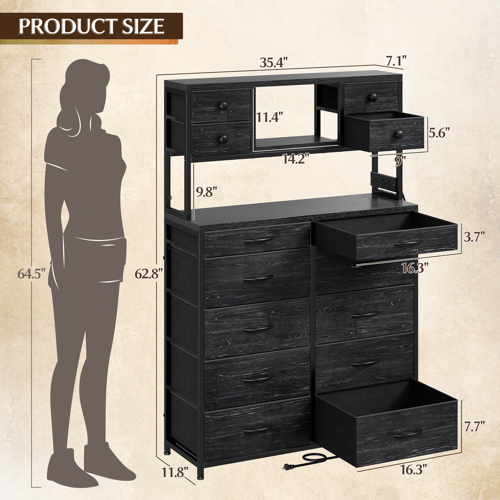 EnHomee Black Tall Dressers for Bedroom with Fabric 14 Drawers Dresser with LED Lights and Charging Station,Chests of Drawers with Open Shelves,,62.8"H*11.8"D*35.4"W