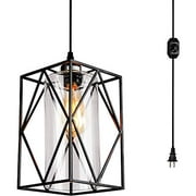 HMVPL plug in pendant light with Dimmer Switch, Farmhouse Hanging Lights Fixtures with 16.4ft Plug in Cord and Glass shade, Industrial Swag Ceiling Lamps for Kitchen Island Table Bedroom Hallway Foyer