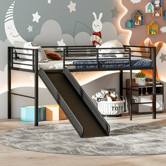 Gymax Twin Metal Loft Bed with Slide Guardrails Built-in Ladder Low Bed Frame Black