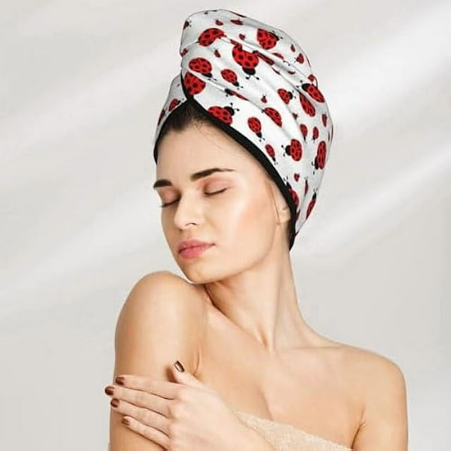 wonima11 Coral Velvet Dry Hair Cap with Button,Ladybug Microfiber Hair Towel Wrap for Women, Super Absorbent Quick Dry Hair Turban for All Hair Style Anti Frizz.