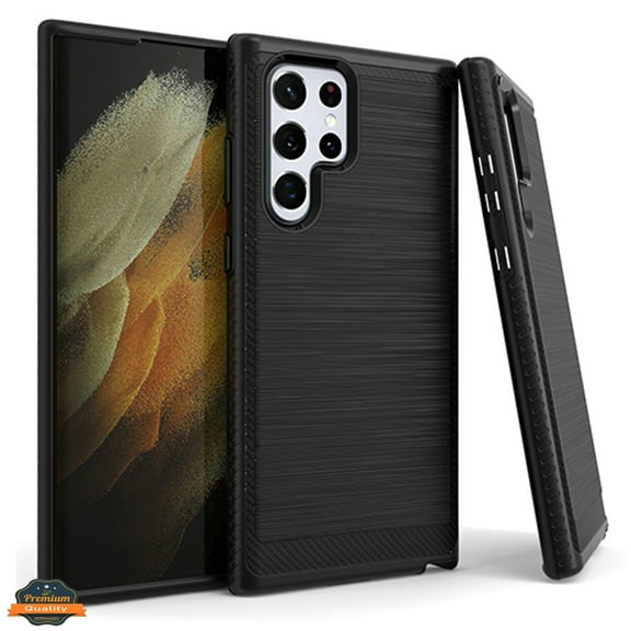 Xpression Case for Samsung Galaxy S22 Ultra Armor Brushed Texture Rugged Carbon Fiber Design Shockproof Dual Layers Hard PC TPU Protective Phone Cover [Black]