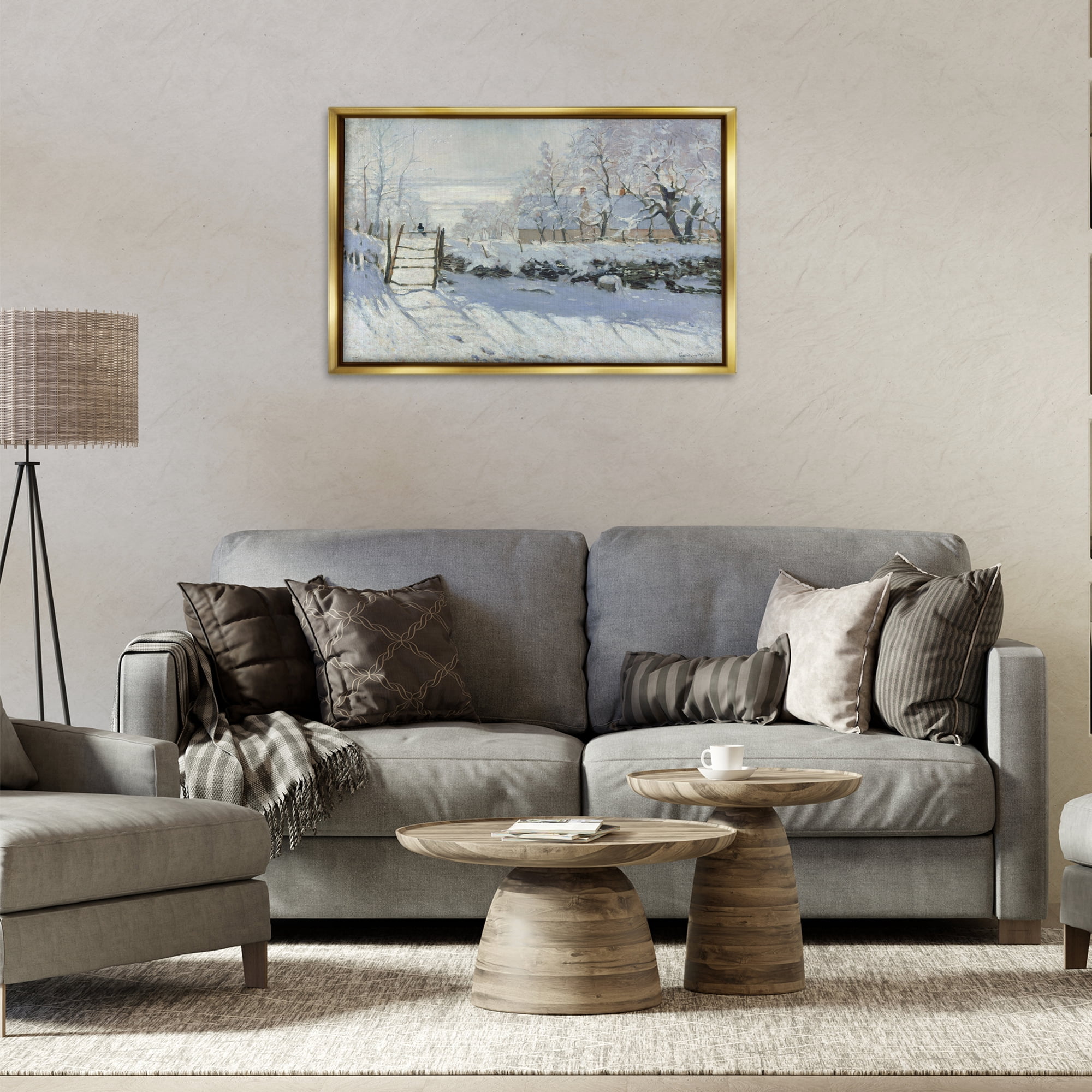 Stupell Industries Classic Monet The Magpie Landscape & Nature Painting Gold Floater Framed Canvas Art Print Wall Art, 31 x 21