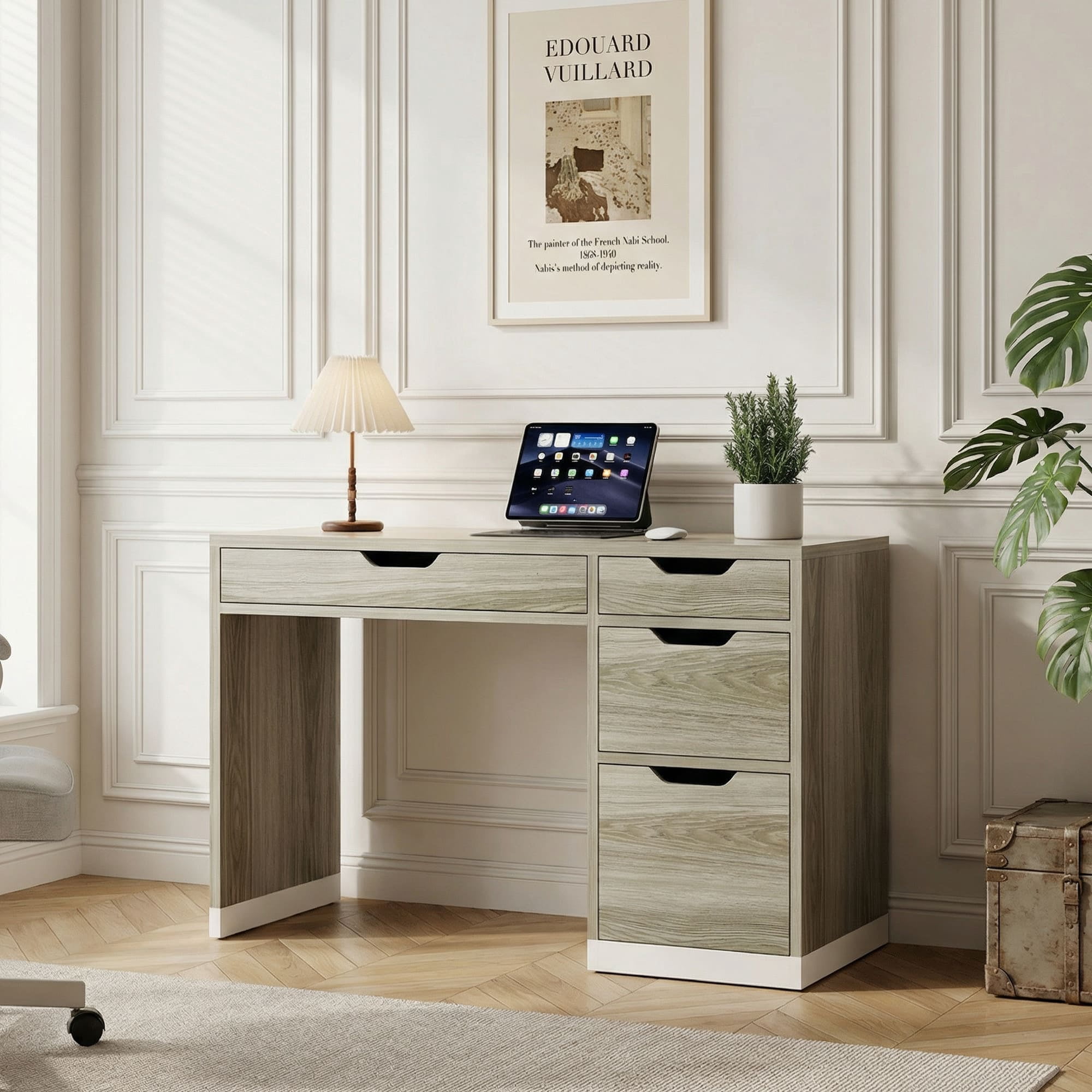 4 EVER WINNER 48" Computer Desk with Drawers, Home Office Desk with White and Walnut Finish, Study Writing Desk with Spacious Legroom for Bedroom & Office