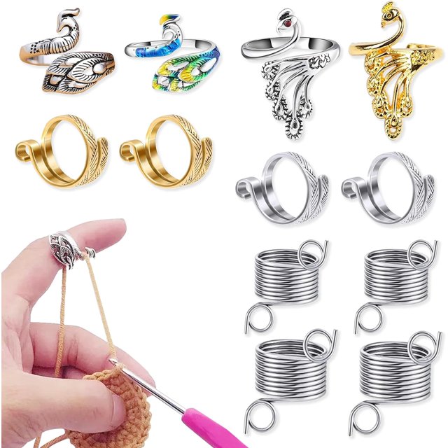 GFDYREE 12 Pcs Knitting Crochet Loop Ring for Fingers, Adjustable Knitting Loop Rings Set, Metal Open Yarn Guide Finger Holders Crochet Tension Ring for Finger Yarn Guide Faster Knitting