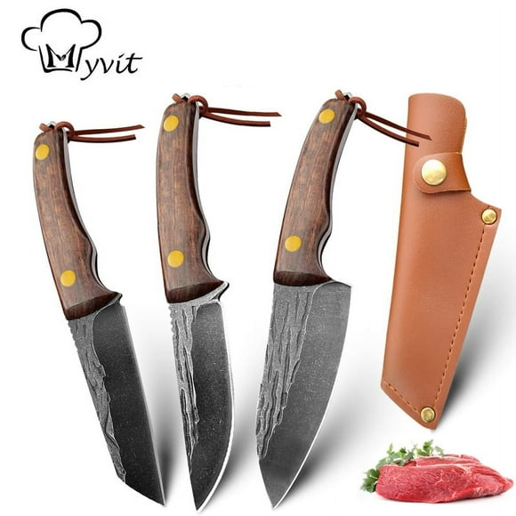 Mini Hunting Knife 3Pcs Set 3.5" Full Tang Fixed Blade Knife Wood Handle with Lanyard and Leather Sheath Bushcraft Butcher Knives for Survival Camping Fishing Hunting Outdoor Travel
