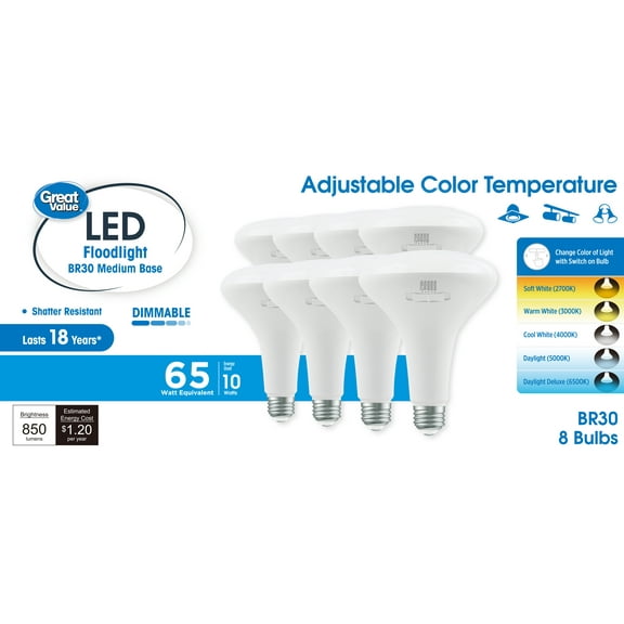 Great Value 5 ACT LED Floodlight Bulb, 10W(65W Equivalent) BR30 with E26 Medium Base Dimmable 8PK