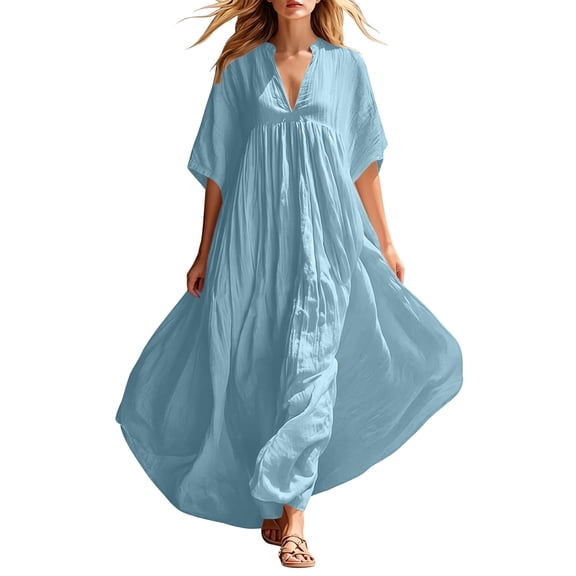 Women's V-Neck Batwing Short Sleeve Maxi Dress, Solid Linen Blend Empire Waist Flowy A-Line Long Casual Summer Dresses