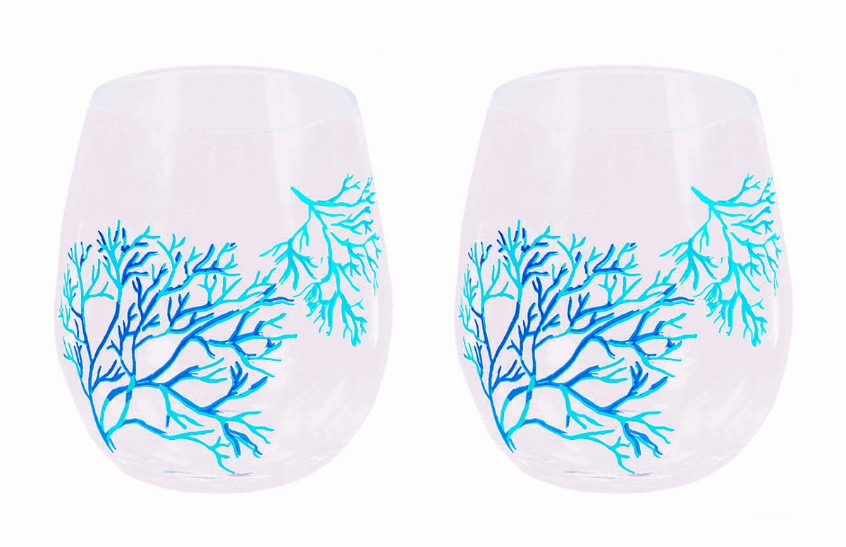 Set Of 2 Nautical Coral Stemless Acrylic Wine Glasses