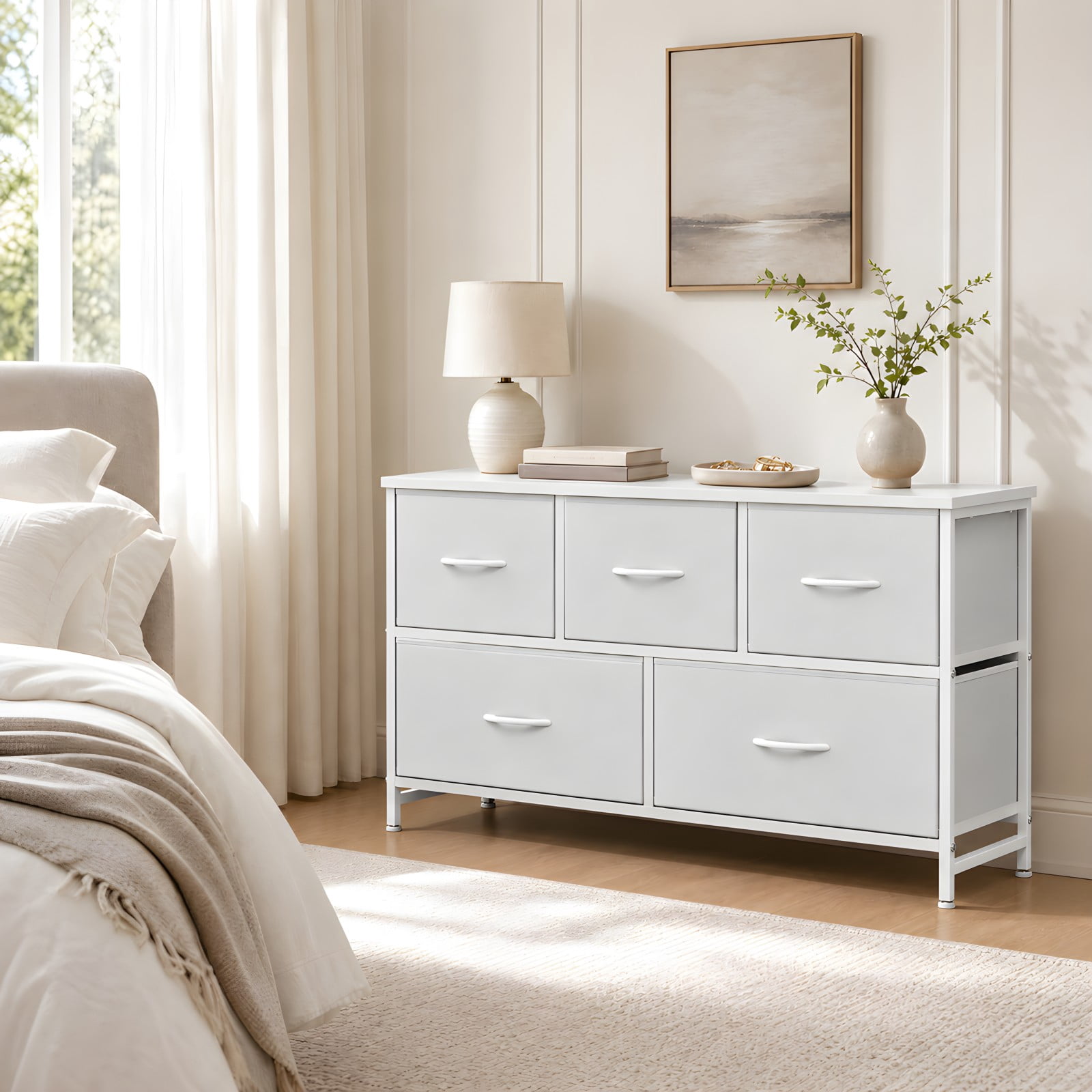 Telyra 5-Drawer Fabric Dresser TV Stand Organizer with Wood Top and Metal Frame, White