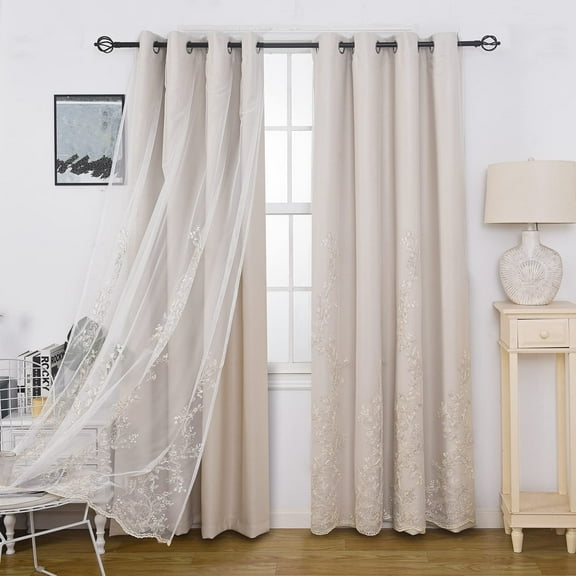 GYROHOME Double Layered Curtains with Embroidered White Sheer Tulle Room Darkening Grommet Top 2Panels,52x84inch,Beige