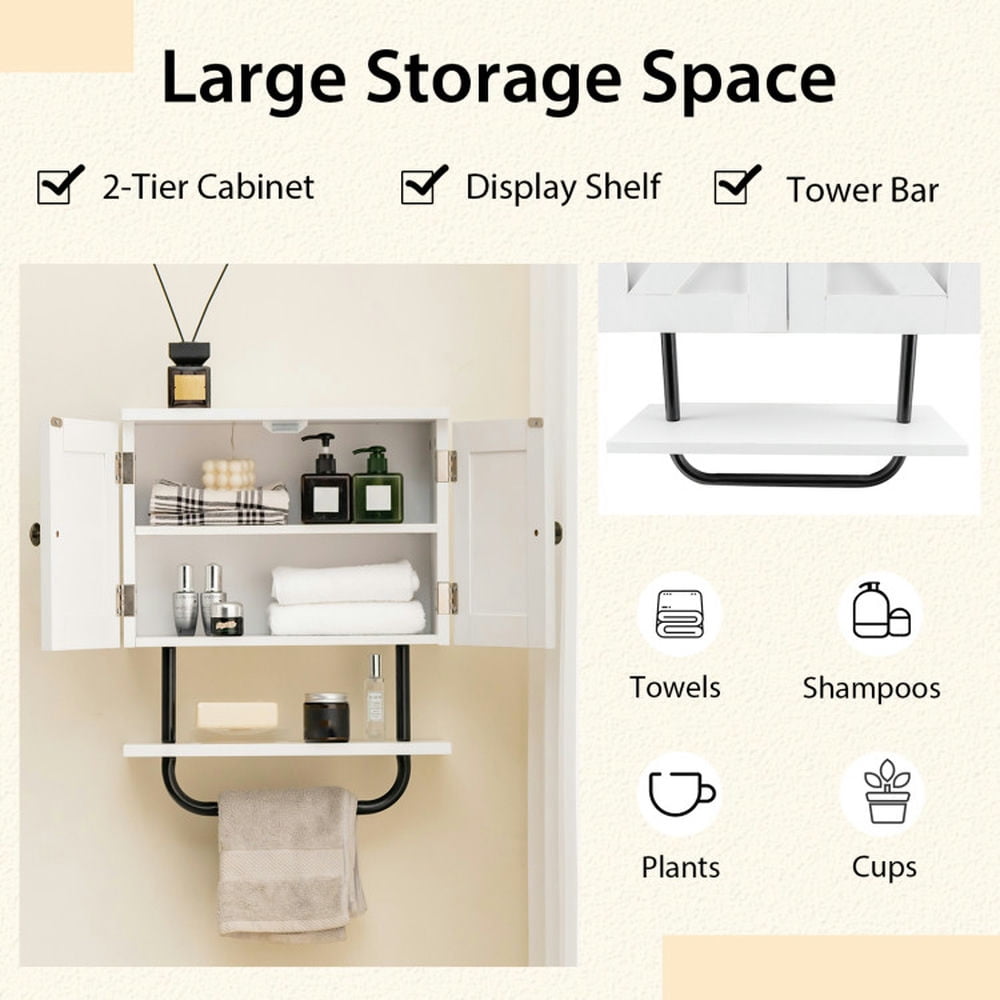 Finihen Wall Cabinet, Wall Mounted Bathroom Cabinet, Medicine Cabinet, 2-Door Bathroom Wall-Mounted Medicine Cabinet with Open Shelf and Towel Rack, for Bathroom, White