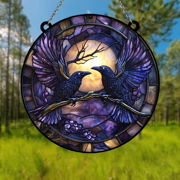 Gothic Raven Moon Acrylic Suncatcher fullxfull Pair of Black Crows on Branch with Full Moon, Mystical Window Hanging for Halloween, Odin Decor