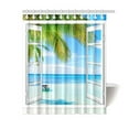 thumbnail image 1 of ABPHQTO Cortina de ducha Ocean 150x180 cm Palmeras tropicales de largo en la playa de la isla a través de ventanas de madera blanca Cortina azul verde blanco multicolor, 1 of 2