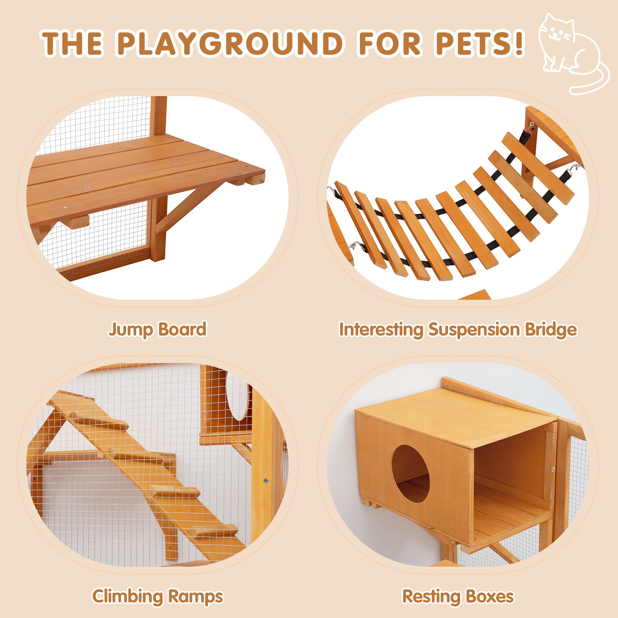 Harper & Bright Designs Weatherproof Cat Catio for Outdoor, Cat Enclosure with Litter Box, Wood Cat House for Multiple Cats, Natural Wood