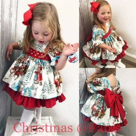 Christmas Toddler Kid Baby Girl XMAS Flared Party Santa Swing Dress Clothes 2-6T