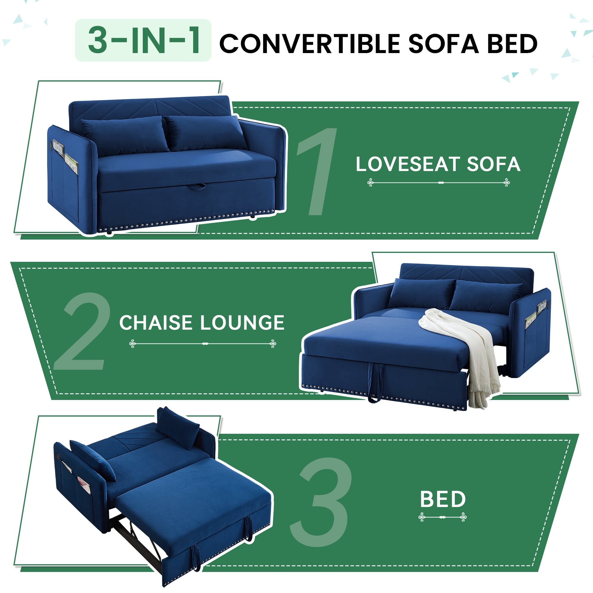 Dinosisco Convertible Sleeper Loveseat with USB, 55" Velvet Futon Sofa Bed, Blue