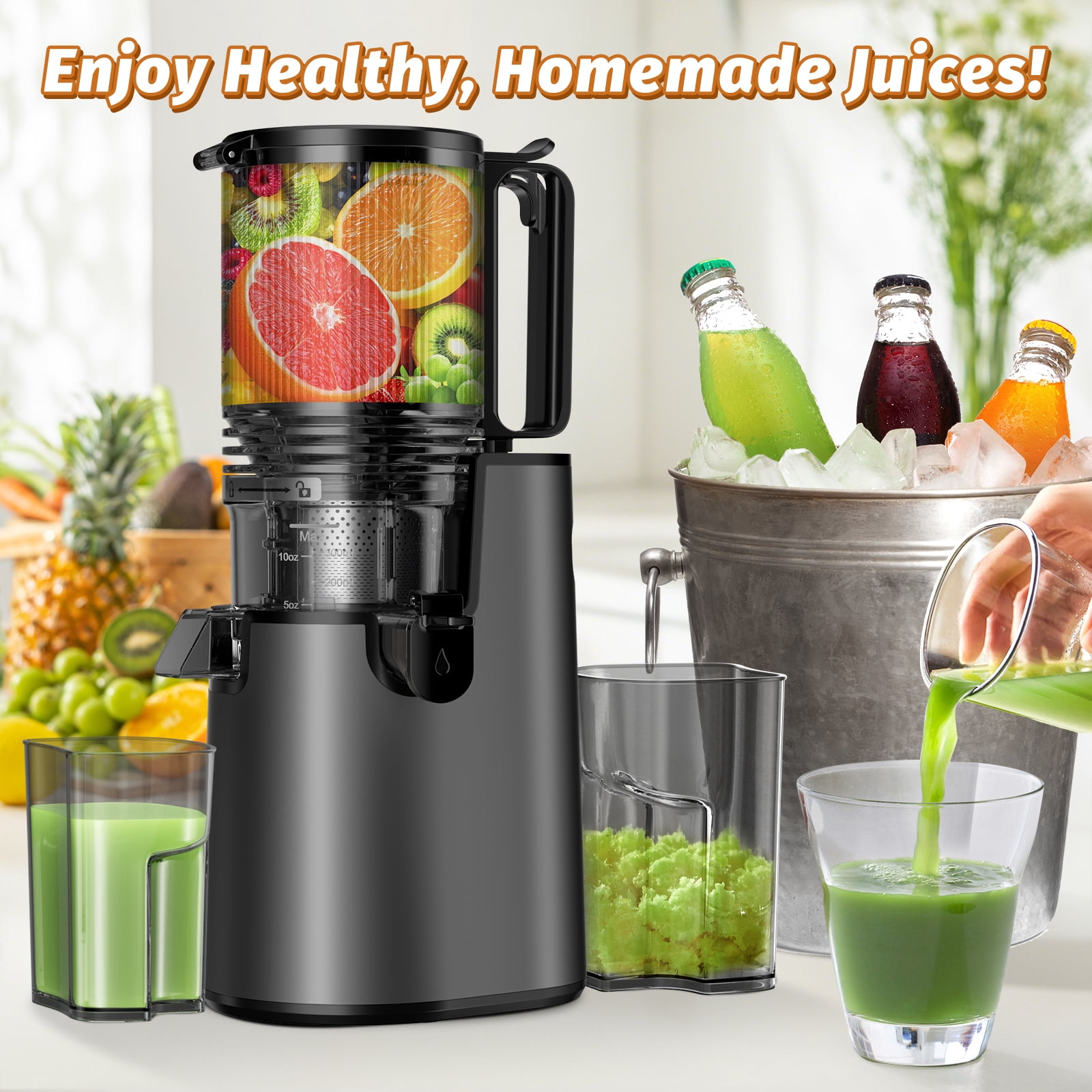 DARKIRON Cold Press Juicer, Masticating Juicer with 5.4" Large Feed Chute, 400W Slow Juicer Machines Fit Whole Vegetables and Fruits,Juicer Machine with High Juice Yield (Black)