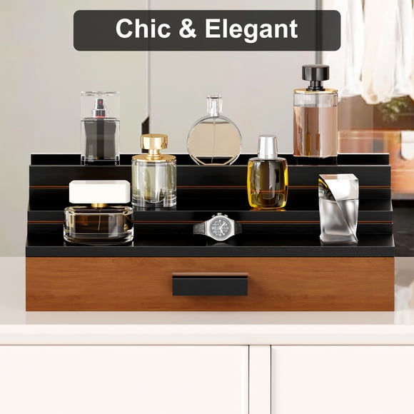 3 Tier Cologne Organizer for Men, Wooden Fragrance Display Stand with Hidden Compartment & Drawer Storage, Perfume Holder Shelf Riser, Ideal Mens Gift, Black