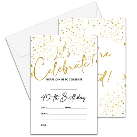 Celebrate 40 Invitations: Elegant White and Gold Confetti Cards for Birthday Parties, 4"x 6" Size with Envelopes, Perfect for Memorable Celebrations (20 Pack)