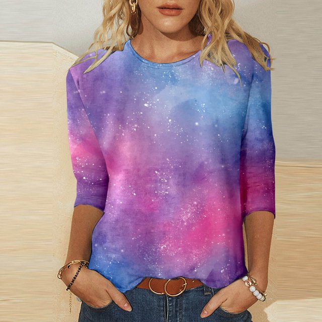 MKLEKYY Hauts à Col Bateau pour Femmes Manches Trois-Quarts Décontracté Quotidien Col Rond Imprimé Complet Ample Manches Longues T-Shirt