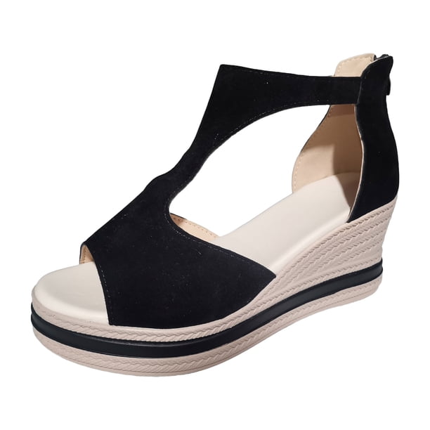 Bmisegm Ladies Summer Retro Pure Colour Thick Bottom High Heel Zipper Large Size Slope Heel Sandals Womens Sandals Summer Black 7