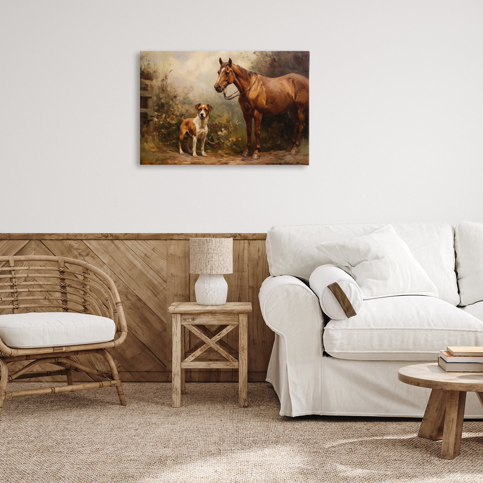 Stupell Industries Horse & Dog in Nature Landscape Painting Gallery Wrapped Canvas Art Print Wall Art, 30 x 20