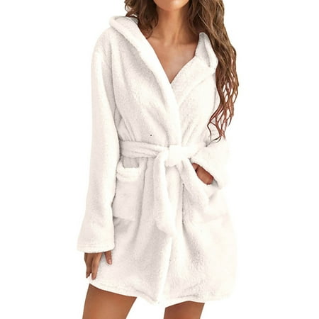 

Enwejyy Women s Winter Thermal Sleepwear Hooded Pajamas Pockets Lace Up Soft Plush Flannel Chemise Robes Homewear