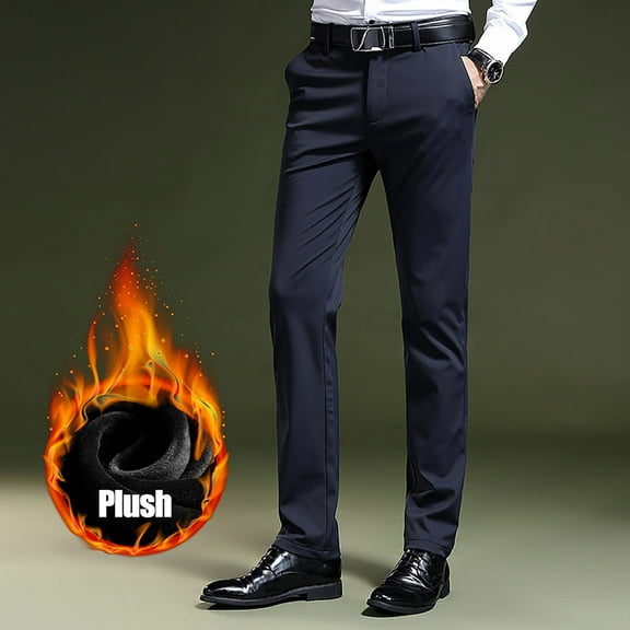 Jacenvly Mens Jogger Pants Solid High Waisted Long Sweatpants Men'S Plus Velvet Casual Pants Winter Slim Thickening Business Pants Warm Blue Trousers for Men
