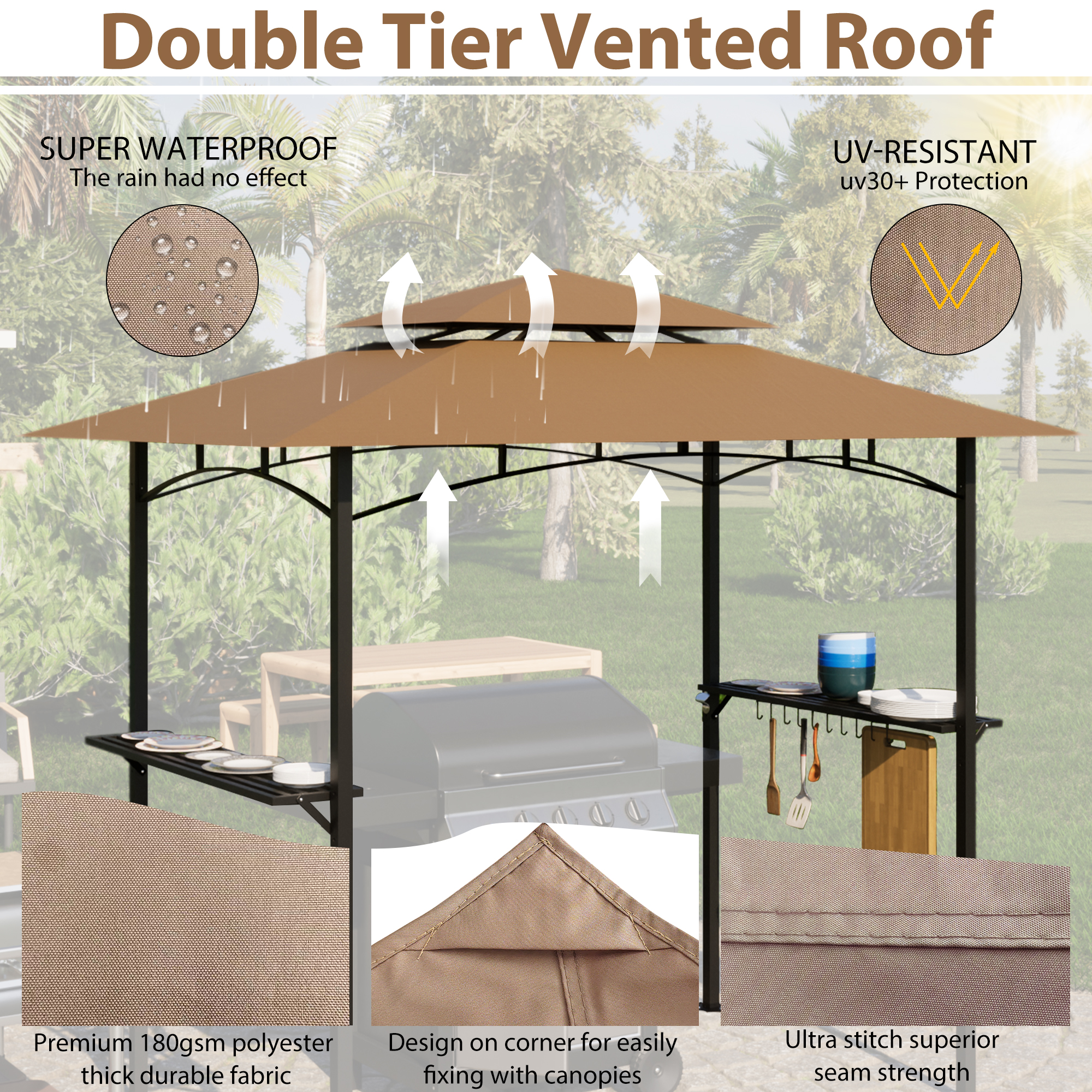 Aukfa 8 x 5 FT Grill Gazebo Grill Canopy Double Tiered BBQ Gazebo Outdoor, Khaki