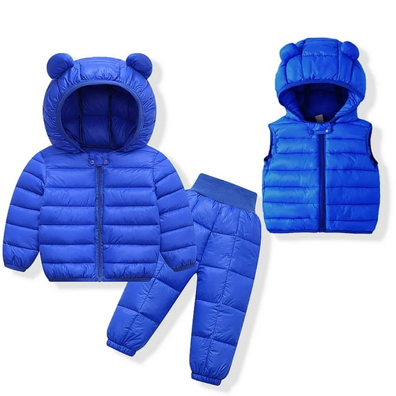 lulshou Boys Girls Cute Snowsuit Set Fall And Winter Three-Piece Suit Lightweight Jacket Set Long-Sleeved Hooded Suit 1-2 Years, Blue