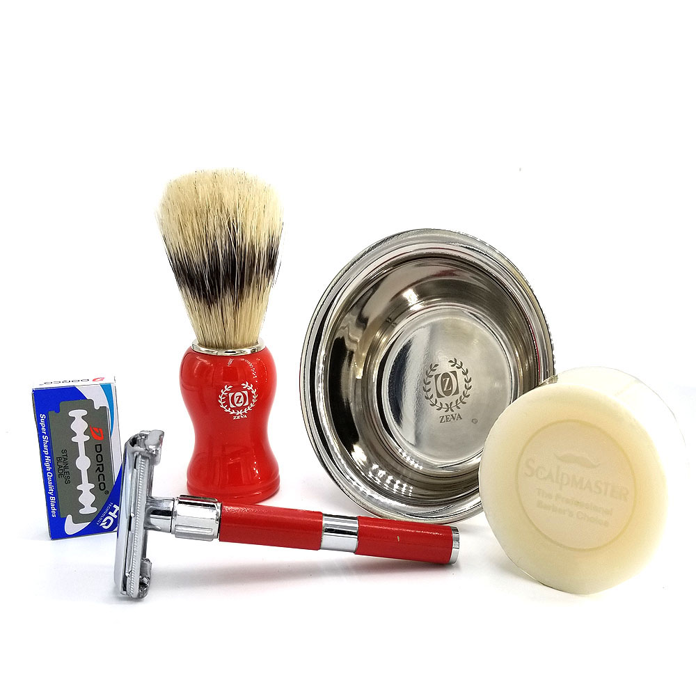 Complete Safety Razor Set, Red 4 Piece w/ Dorco Razor Badger Hair Shaving Brush