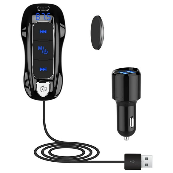 Bluetooth V5.0 FM Transmitter, Bluetooth Car Radio Transmitter Handsfree Car Kit Dual USB Ports (QC3.0+5V/2.4A) with 1.1M Cable, A2DP Crystal Sound, Voltage Display