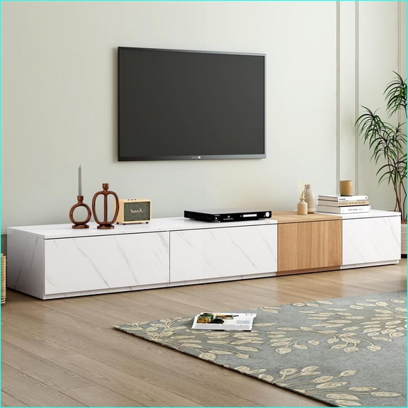 TV Furniture | Modern Modular TV Stand with 4 Drawers, Faux Marble & Walnut Finish | Fits TVs Up to 88'' | White | Particle Board