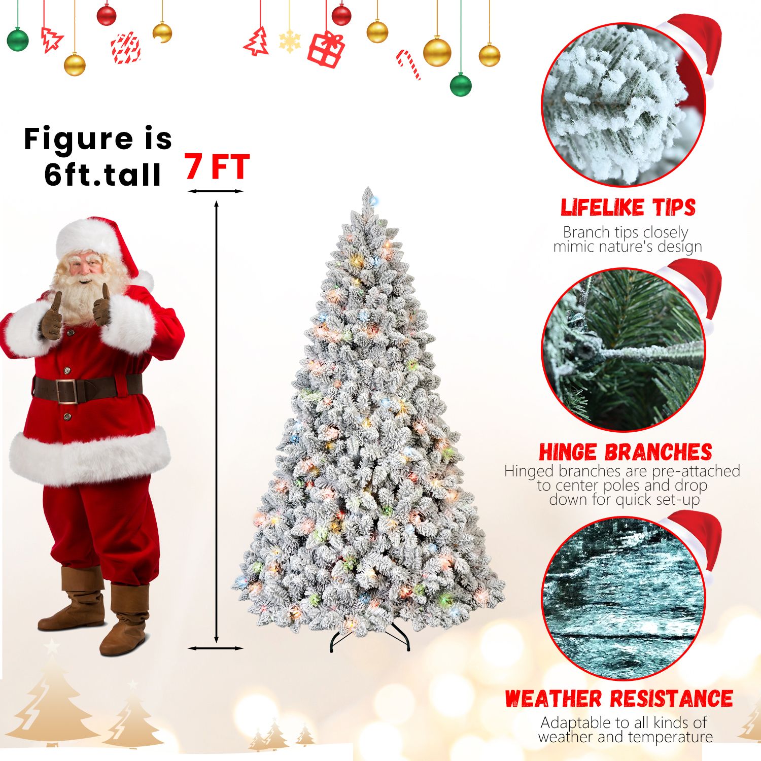 Alvantor 7FT Flocked Christmas Tree with 500 Colorful Lights & 45 Pine Cones & 1124 Tips for Indoor Holiday Decoration White