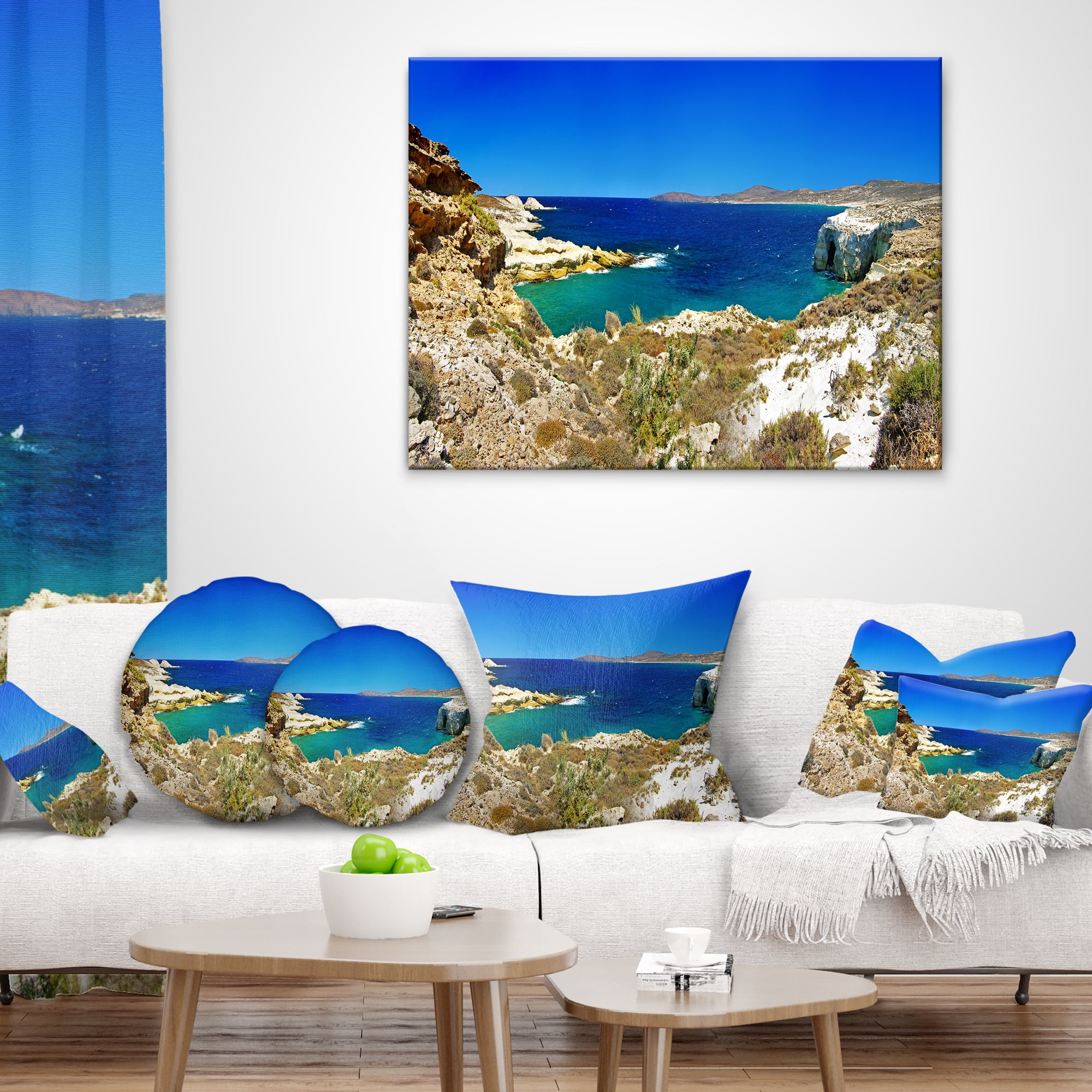 Designart Milos Island Bay Panorama - Seashore Throw Pillow - 16x16