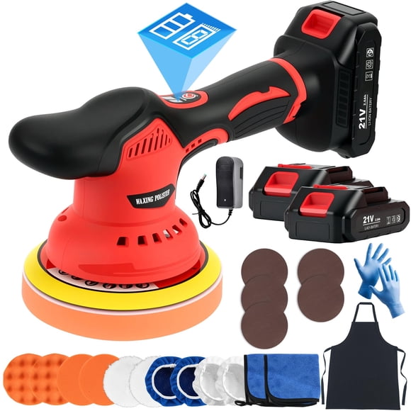 Cordless Car Buffer Polisher Kit with 2x21V Batteries, 6 Inch Car Polisher with 8 Variable Speed Max 6000RPM & 21 PCS Attachments
